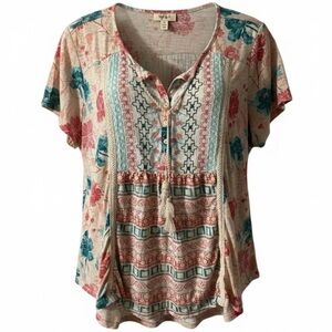 Style & Co Peasant Tunic Top, Coquette, Floral, Sz 3X, Embroidery, Pastel, Boho